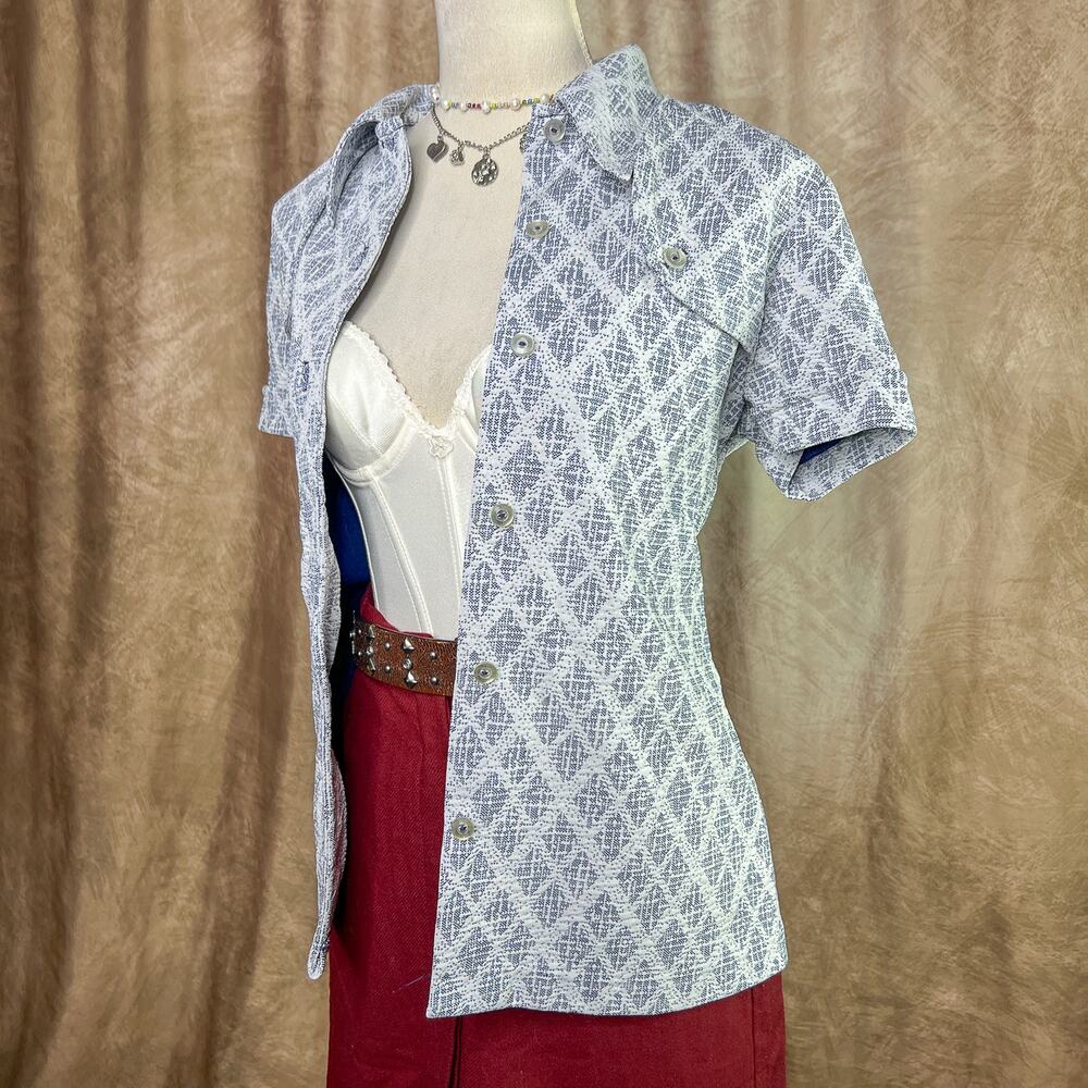 Vintage Western Button Up Shirt 70s Diamond Pattern Blue Polyester Retro Rodeo